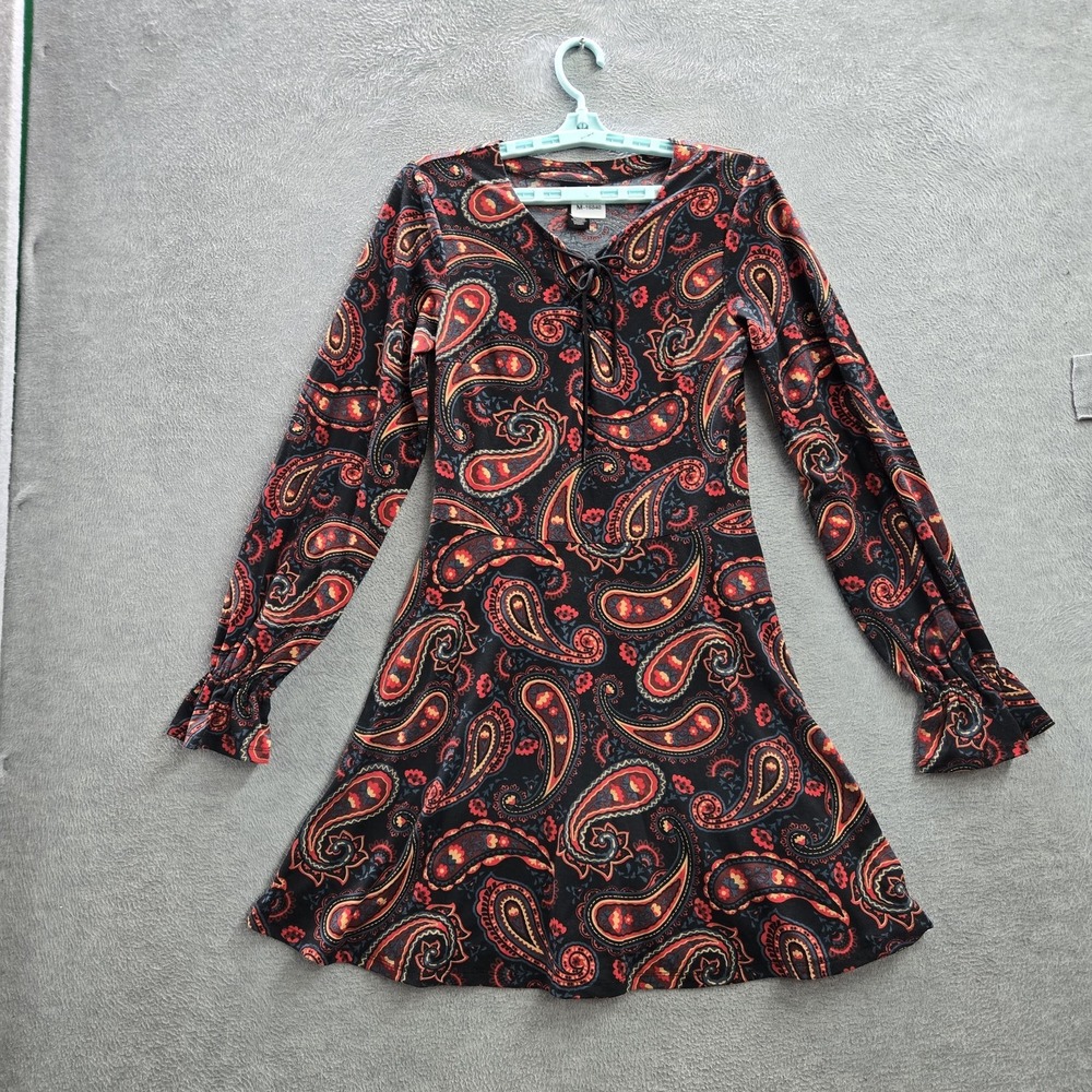 Wrangler Women Dress S Black Paisley Mini Retro V-Neck Pullover